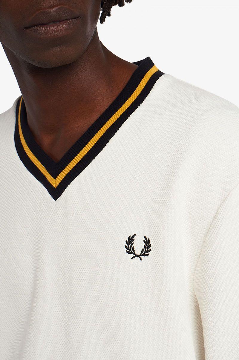 White Fred Perry Tipped Piqué Textured Jumper Men's Knitwear | PH 1327GSOL